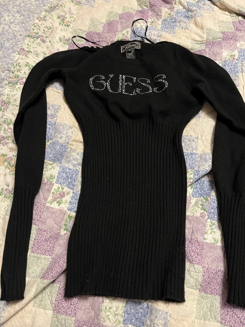 Guess Black Ribbed Crewneck Sweater with Rhinestone Logo